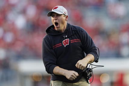 Oct 22, 2022; Madison, Wisconsin, USA;  Wisconsin Badgers head coach Jim Leonhard reacts to a call during the fourth quarter against the Purdue Boilermakers at Camp Randall Stadium. Mandatory Credit: Jeff Hanisch-USA TODAY Sports