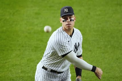 Oct 22, 2022; Bronx, New York, USA; New York Yankees right fielder Aaron Judge (99) warms up between the seventh inning and eighth inning against the Houston Astros during game three of the ALCS for the 2022 MLB Playoffs at Yankee Stadium. Mandatory Credit: Robert Deutsch-USA TODAY Sports