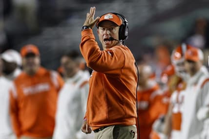 Oct 8, 2022; Chestnut Hill, Massachusetts, USA; Clemson Tigers head coach Dabo Swinney calls plays during the second half against the Boston College Eagles at Alumni Stadium. Mandatory Credit: Winslow Townson-USA TODAY Sports