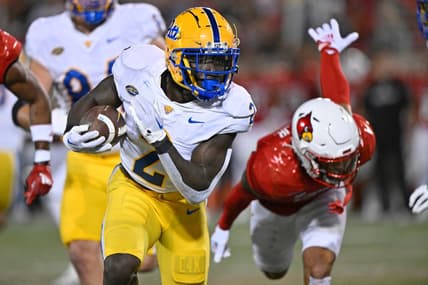 Oct 22, 2022; Louisville, Kentucky, USA;  Pittsburgh Panthers running back Israel Abanikanda (2) runs the ball against the Louisville Cardinals during the first half at Cardinal Stadium. Louisville defeated Pittsburgh 24-10. Mandatory Credit: Jamie Rhodes-USA TODAY Sports