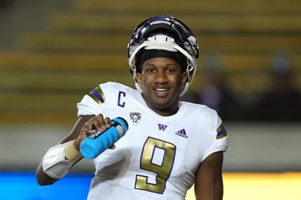 Oct 22, 2022; Berkeley, California, USA; Washington Huskies quarterback Michael Penix Jr. (9) stands on the field before the game against the California Golden Bears at FTX Field at California Memorial Stadium. Mandatory Credit: Darren Yamashita-USA TODAY Sports