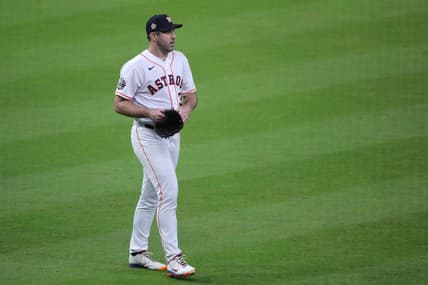 Oct 28, 2022; Houston, Texas, USA; Houston Astros starting pitcher Justin Verlander (35) walks to the dugout during the middle of first inning against the Philadelphia Phillies in game one of the 2022 World Series at Minute Maid Park. Mandatory Credit: Erik Williams-USA TODAY Sports