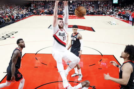 Oct 28, 2022; Portland, Oregon, USA; Portland Trail Blazers center Jusuf Nurkic (27) dunks the ball during the second half against the Houston Rockets at Moda Center. Mandatory Credit: Soobum Im-USA TODAY Sports