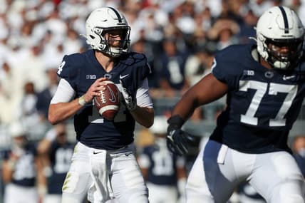 Oct 29, 2022; University Park, Pennsylvania, USA; Penn State Nittany Lions quarterback Sean Clifford (14) drops back in the pocket during the fourth quarter against the Ohio State Buckeyes at Beaver Stadium. Ohio State defeated Penn State 44-31. Mandatory Credit: Matthew OHaren-USA TODAY Sports