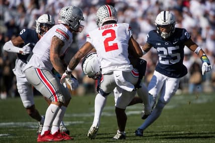 Penn State's Kalen King drops Ohio State running back Emeka Egbuka (2) in the backfield for a 2-yard loss in the second quarter at Beaver Stadium on Saturday, Oct. 29, 2022, in State College.

Hes Dr 102922 Psuosu