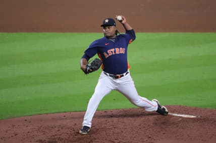 Oct 29, 2022; Houston, Texas, USA; Houston Astros starting pitcher Framber Valdez (59) throws a pitch against the Philadelphia Phillies during the fifth inning in game two of the 2022 World Series at Minute Maid Park. Mandatory Credit: Erik Williams-USA TODAY Sports