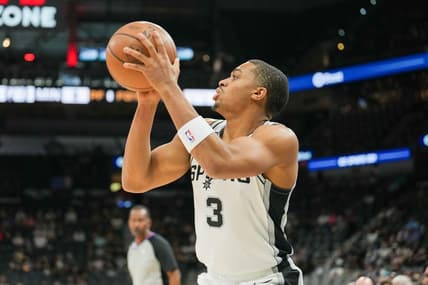 Oct 30, 2022; San Antonio, Texas, USA;  San Antonio Spurs forward Keldon Johnson (3) gets set to shoot in the first half against the Minnesota Timberwolves at the AT&T Center. Mandatory Credit: Daniel Dunn-USA TODAY Sports