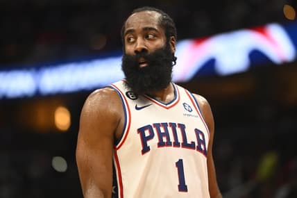 Oct 31, 2022; Washington, District of Columbia, USA; Philadelphia 76ers guard James Harden (1) on the court against the Washington Wizards during the second half at Capital One Arena. Mandatory Credit: Brad Mills-USA TODAY Sports