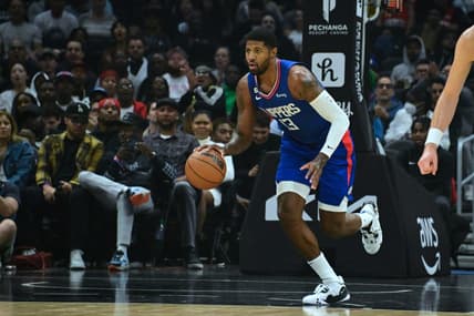 Oct 31, 2022; Los Angeles, California, USA; LA Clippers guard Paul George (13) dribbles down court in the first half against the Houston Rockets at Crypto.com Arena. Mandatory Credit: Richard Mackson-USA TODAY Sports