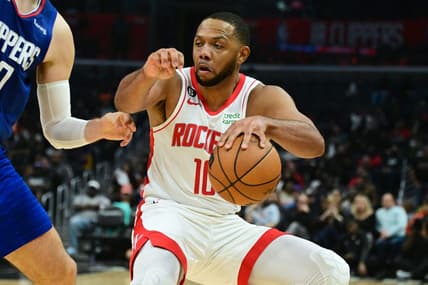 Oct 31, 2022; Los Angeles, California, USA; Houston Rockets guard Eric Gordon (10) control the ball in the second half against the LA Clippers at Crypto.com Arena. Mandatory Credit: Richard Mackson-USA TODAY Sports