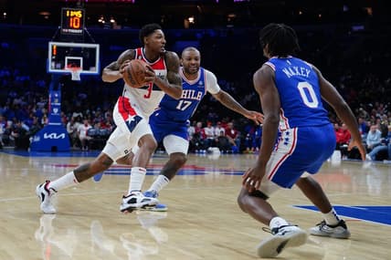 Nov 2, 2022; Philadelphia, Pennsylvania, USA; Washington Wizards shooting guard Bradley Beal (3) drives the ball toward the basket with Philadelphia 76ers power forward P.J. Tucker (17) defending during the first quarter at Wells Fargo Center. Mandatory Credit: Gregory Fisher-USA TODAY Sports