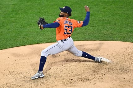 Nov 2, 2022; Philadelphia, Pennsylvania, USA; Houston Astros starting pitcher Cristian Javier (53) pitches against the Philadelphia Phillies during the third inning in game four of the 2022 World Series at Citizens Bank Park. Mandatory Credit: Kyle Ross-USA TODAY Sports