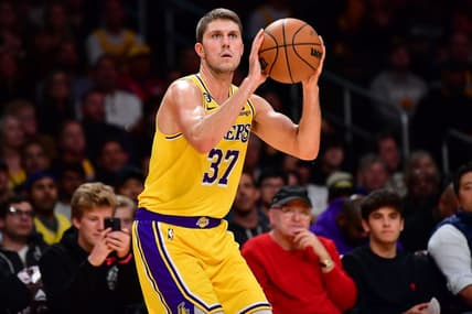 Nov 2, 2022; Los Angeles, California, USA; Los Angeles Lakers forward Matt Ryan (37) shoots against the New Orleans Pelicans during the first half at Crypto.com Arena. Mandatory Credit: Gary A. Vasquez-USA TODAY Sports