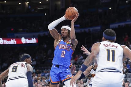 Nov 3, 2022; Oklahoma City, Oklahoma, USA; Oklahoma City Thunder guard Shai Gilgeous-Alexander (2) passes the ball against the Denver Nuggets during the second half at Paycom Center. Denver won 122-110. Mandatory Credit: Alonzo Adams-USA TODAY Sports