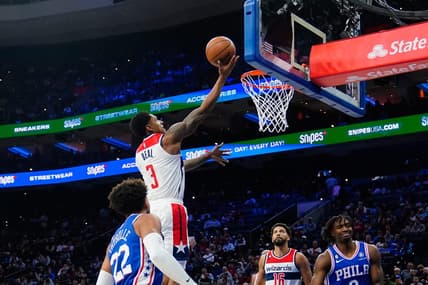 Nov 2, 2022; Philadelphia, Pennsylvania, USA; Washington Wizards shooting guard Bradley Beal (3) shoots a layup against the Philadelphia 76ers during the second quarter at Wells Fargo Center. Mandatory Credit: Gregory Fisher-USA TODAY Sports
