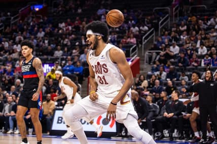 Nov 4, 2022; Detroit, Michigan, USA; Cleveland Cavaliers center Jarrett Allen (31) celebrates a dunk in the second quarter against the Detroit Pistons at Little Caesars Arena. Mandatory Credit: Allison Farrand-USA TODAY Sports