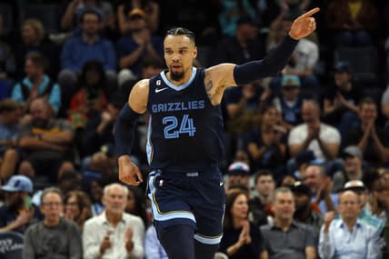 Nov 4, 2022; Memphis, Tennessee, USA; Memphis Grizzlies forward Dillon Brooks (24) reacts after a three point basket during the first half against the Charlotte Hornets at FedExForum. Mandatory Credit: Petre Thomas-USA TODAY Sports