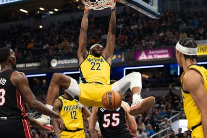 Nov 4, 2022; Indianapolis, Indiana, USA; Indiana Pacers forward Isaiah Jackson (22) dunks the ball during the second half against the Miami Heat at Gainbridge Fieldhouse. Mandatory Credit: Jacob Musselman-USA TODAY Sports