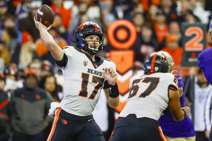 Nov 4, 2022; Seattle, Washington, USA; Oregon State Beavers quarterback Ben Gulbranson (17) passes against the Washington Huskies during the third quarter at Alaska Airlines Field at Husky Stadium. Mandatory Credit: Joe Nicholson-USA TODAY Sports