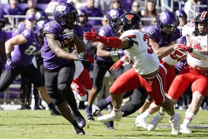 Nov 5, 2022; Fort Worth, Texas, USA; TCU Horned Frogs running back Emari Demercado (3) runs past Texas Tech Red Raiders linebacker Tyrique Matthews (32) during the first half of a game at Amon G. Carter Stadium. Mandatory Credit: Raymond Carlin III-USA TODAY Sports