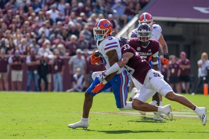 Nov 5, 2022; College Station, Texas, USA;  Florida Gators wide receiver Xzavier Henderson (3) is tackled by Texas A&M Aggies defensive back Jarred Kerr (33) in the first half at Kyle Field. Mandatory Credit: Daniel Dunn-USA TODAY Sports