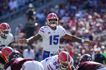 Nov 5, 2022; College Station, Texas, USA; Florida Gators quarterback Anthony Richardson (15) looks up in the second half against the Texas A&M Aggies at Kyle Field. Mandatory Credit: Daniel Dunn-USA TODAY Sports