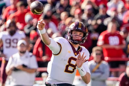 Nov 5, 2022; Lincoln, Nebraska, USA; Minnesota Golden Gophers quarterback Athan Kaliakmanis (8) passes against the Nebraska Cornhuskers during the third quarter at Memorial Stadium. Mandatory Credit: Dylan Widger-USA TODAY Sports