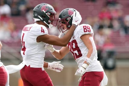 Nov 5, 2022; Stanford, California, USA; Washington State Cougars wide receiver Leyton Smithson (89) celebrates with wide receiver Tsion Nunnally (4) after scoring a touchdown against the Stanford Cardinal during the first quarter at Stanford Stadium. Mandatory Credit: Darren Yamashita-USA TODAY Sports
