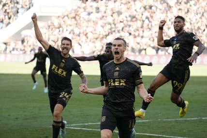 Nov 5, 2022; Los Angeles, CA, USA; Los Angeles FC forward Gareth Bale (11) celebrates after scoring a goal against the Philadelphia Union during extra time in the 2022 MLS Cup championship game at Banc of California Stadium. Mandatory Credit: Robert Hanashiro-USA TODAY Sports