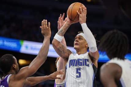 Nov 5, 2022; Orlando, Florida, USA;  Orlando Magic forward Paolo Banchero (5) shoots the ball against the Sacramento Kings in the fourth quarter at Amway Center. Mandatory Credit: Nathan Ray Seebeck-USA TODAY Sports