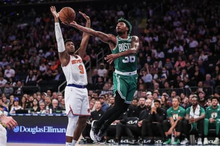 Nov 5, 2022; New York, New York, USA;  Boston Celtics guard Marcus Smart (36) drives past New York Knicks guard RJ Barrett (9) for a layup attempt in the second quarter at Madison Square Garden. Mandatory Credit: Wendell Cruz-USA TODAY Sports