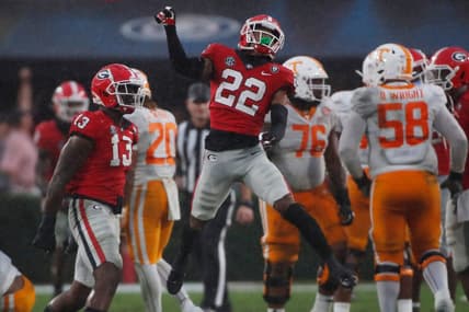 Georgia defensive back Javon Bullard (22) celebrates after sacking Tennessee quarterback Hendon Hooker (5) during the second half of a NCAA college football game between Tennessee and Georgia in Athens, Ga., on Saturday, Nov. 5, 2022. Georgia won 27-13.

News Joshua L Jones