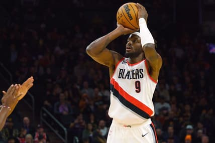 Nov 5, 2022; Phoenix, Arizona, USA; Portland Trail Blazers forward Jerami Grant (9) shoots the ball against the Phoenix Suns during the second half at Footprint Center. Mandatory Credit: Allan Henry-USA TODAY Sports