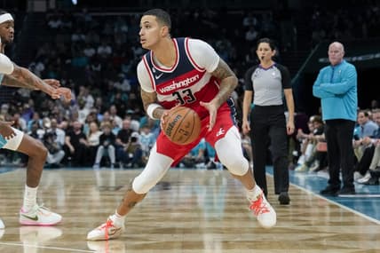 Nov 7, 2022; Charlotte, North Carolina, USA; Washington Wizards forward Kyle Kuzma (33) looks to shoot during the second half against the Charlotte Hornets at Spectrum Center. Mandatory Credit: Jim Dedmon-USA TODAY Sports