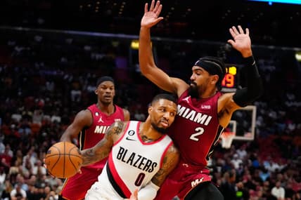Nov 7, 2022; Miami, Florida, USA; Portland Trail Blazers guard Damian Lillard (0) drives past Miami Heat guard Gabe Vincent (2) during the second quarter at FTX Arena. Mandatory Credit: Rich Storry-USA TODAY Sports