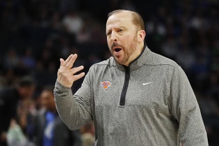 Nov 7, 2022; Minneapolis, Minnesota, USA; New York Knicks head coach Tom Thibodeau reacts to a call that favored the Minnesota Timberwolves in the third quarter at Target Center. Mandatory Credit: Bruce Kluckhohn-USA TODAY Sports