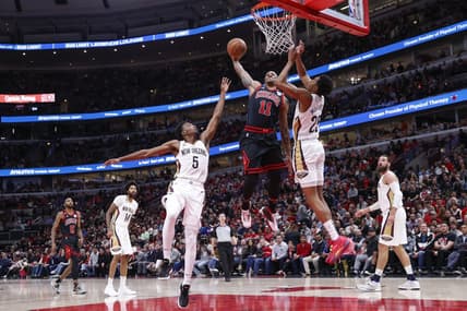 Nov 9, 2022; Chicago, Illinois, USA; Chicago Bulls forward DeMar DeRozan (11) goes up for a dunk against the New Orleans Pelicans during the first half at United Center. Mandatory Credit: Kamil Krzaczynski-USA TODAY Sports