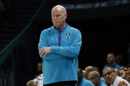 Nov 9, 2022; Charlotte, North Carolina, USA; Charlotte Hornets head coach Steve Clifford watches his team against the Portland Trail Blazers in the second half at Spectrum Center. The Portland Trail Blazers won 105-95. Mandatory Credit: Nell Redmond-USA TODAY Sports