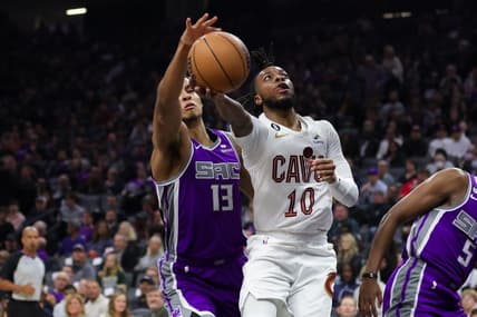 Nov 9, 2022; Sacramento, California, USA; Sacramento Kings forward Keegan Murray (13) blocks a shot by Cleveland Cavaliers guard Darius Garland (10) during the second quarter at Golden 1 Center. Mandatory Credit: Sergio Estrada-USA TODAY Sports