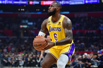 Nov 9, 2022; Los Angeles, California, USA; Los Angeles Lakers forward LeBron James (6) shoots against the Los Angeles Clippers during the first half at Crypto.com Arena. Mandatory Credit: Gary A. Vasquez-USA TODAY Sports
