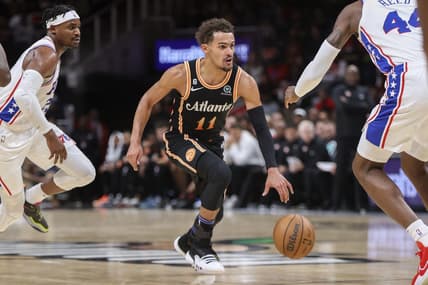 Nov 10, 2022; Atlanta, Georgia, USA; Atlanta Hawks guard Trae Young (11) dribbles against the Philadelphia 76ers in the second half at State Farm Arena. Mandatory Credit: Brett Davis-USA TODAY Sports