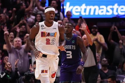 Nov 10, 2022; Miami, Florida, USA; Miami Heat forward Jimmy Butler (22) reacts after making a shot against the Charlotte Hornets during the second half at FTX Arena. Mandatory Credit: Jasen Vinlove-USA TODAY Sports