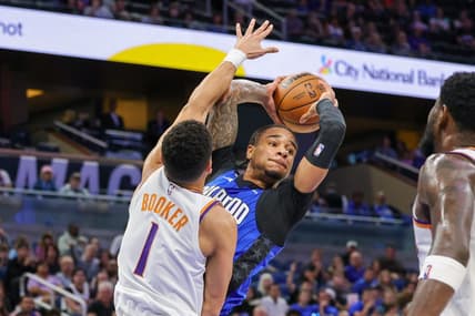 Nov 11, 2022; Orlando, Florida, USA; Orlando Magic forward Chuma Okeke (3) looks to pass around Phoenix Suns guard Devin Booker (1) during the first quarter at Amway Center. Mandatory Credit: Mike Watters-USA TODAY Sports