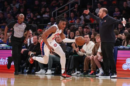 Nov 11, 2022; New York, New York, USA; Detroit Pistons guard Jaden Ivey (23) dribbles up court after a steal during the first quarter in front of New York Knicks head coach Tom Thibodeau at Madison Square Garden. Mandatory Credit: Vincent Carchietta-USA TODAY Sports