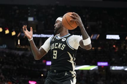 Nov 11, 2022; San Antonio, Texas, USA;  Milwaukee Bucks forward Bobby Portis (9) rebounds in the first half against the San Antonio Spurs at the AT&T Center. Mandatory Credit: Daniel Dunn-USA TODAY Sports