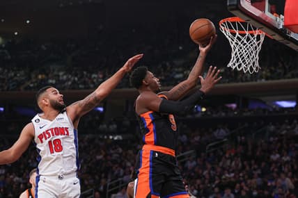 Nov 11, 2022; New York, New York, USA; New York Knicks guard RJ Barrett (9) drives to the basket as Detroit Pistons guard Cory Joseph (18) defends during the second half at Madison Square Garden. Mandatory Credit: Vincent Carchietta-USA TODAY Sports
