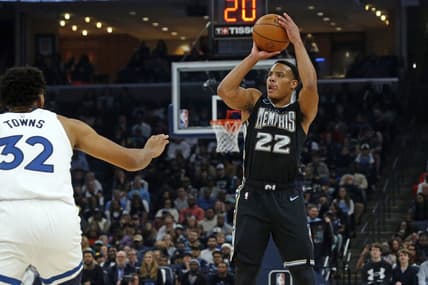 Nov 11, 2022; Memphis, Tennessee, USA; Memphis Grizzlies guard Desmond Bane (22) shoots for three during the first half against the Minnesota Timberwolves at FedExForum. Mandatory Credit: Petre Thomas-USA TODAY Sports