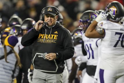 Nov 11, 2022; Cincinnati, Ohio, USA; East Carolina Pirates head coach Mike Houston during the second half against the Cincinnati Bearcats at Nippert Stadium. Mandatory Credit: Katie Stratman-USA TODAY Sports