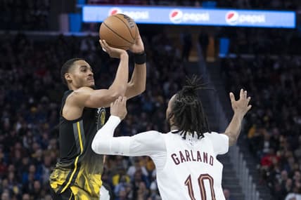 November 11, 2022; San Francisco, California, USA; Golden State Warriors guard Jordan Poole (3) shoots the basketball against Cleveland Cavaliers guard Darius Garland (10) during the third quarter at Chase Center. Mandatory Credit: Kyle Terada-USA TODAY Sports