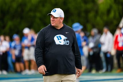 Nov 12, 2022; Durham, North Carolina, USA;  Duke Blue Devils head coach Mike Elko looks on during the first half against Virginia Tech at Wallace Wade Stadium. Mandatory Credit: Jaylynn Nash-USA TODAY Sports